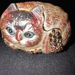 Enamel Metal Trinket Box of A Cat with Crystal Embelishment Vintage